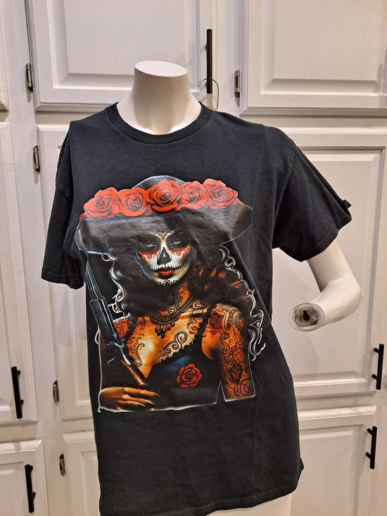 Gildan Tops - Gildan Black Tee with Red Rose Day of the Dead Woman Graphic Heavy Cotton